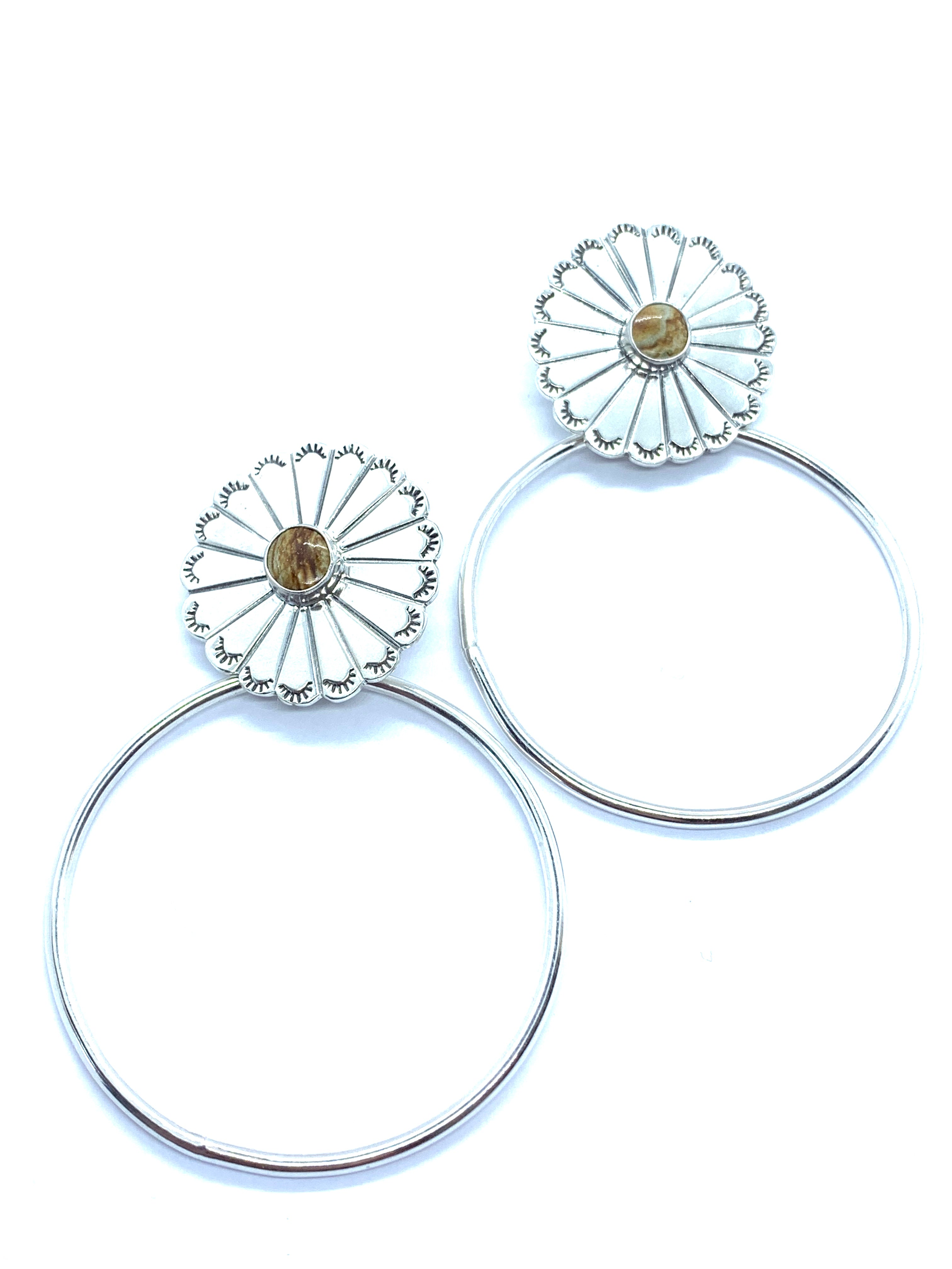 Flower Hoop Earrings, Flower Earrings, Blue, White, Beige, Handmade